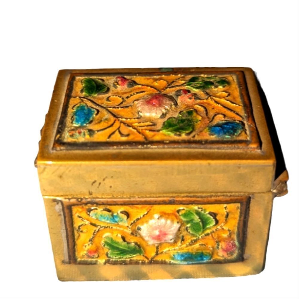 Vintage Brass Stamp Dispenser w/ Floral Enamel Details‎ China Cloisonne Pill Box
